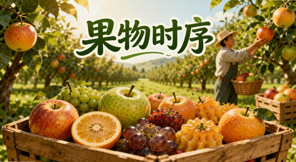 一幅温暖的写实风格插画,前景是装满各种新鲜水果的木箱,背景是阳光明媚的果园,一位果农正在采摘水果。画面中央上方有醒目的文字标题“果物时序”,整体色调明亮,绿色与橙色交织,体现自然、新鲜与活力的品牌气质,适合作为应用介绍主视觉。