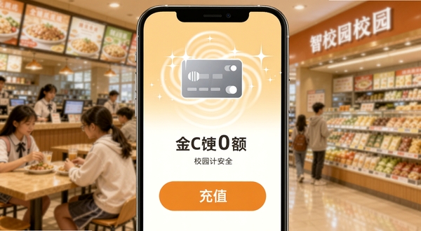 智校园校园卡充值界面示意图,手机界面中央显示余额数字和充值按钮,背景为校园食堂及超市的模糊场景,卡片图标带有明显的波纹闪光效果,整体色调温馨明亮,突出便捷安全的移动支付氛围