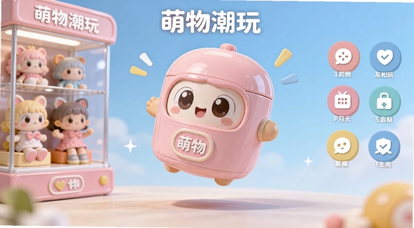 萌物潮玩软件主界面预览图，画面中央展示一个悬浮的粉色系3D盲盒，背景为柔和渐变蓝色，左侧有卡通玩偶陈列柜，右侧展示功能图标，整体风格明亮活泼，突出萌物潮玩品牌标识