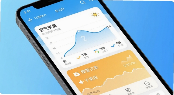 天气预报软件更新日志配图,手机屏幕显示新版功能列表,背景为清爽的渐变蓝色,包含空气质量曲线、预警记录等元素,画面干净清晰