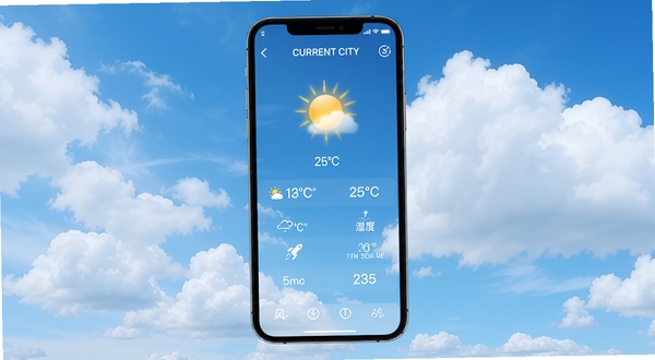 天气预报软件整体界面预览图,主界面显示当前城市天气状况、温度、湿度、风力等数据,背景采用蓝天白云风格,画面清晰明亮,突出气象信息的直观展示,适配手机竖屏布局