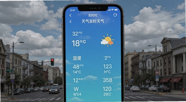 天气预报软件实时天气数据展示图片,手机屏幕上显示详细的温度、湿度、风向风速等信息,背景为城市街景与云层,画面风格写实,突出数据精准与实时感