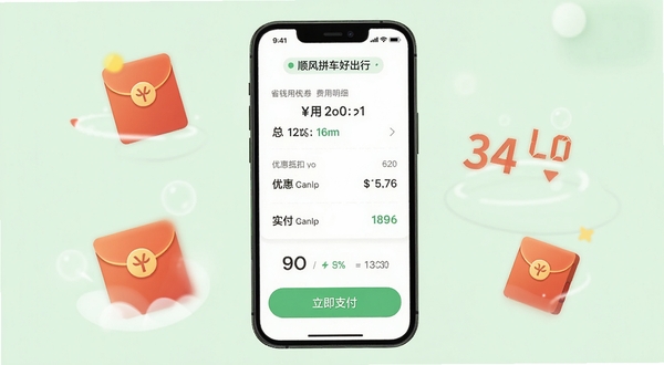 手机屏幕展示顺风拼车好出行的费用明细与优惠券页面,清晰显示总金额、优惠抵扣和实付金额,下方有“立即支付”按钮,背景为浅绿色,配有红包图标和数字,风格简洁,突出省钱信息