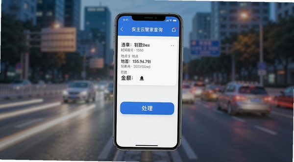 好安车主云管家违章查询界面预览,手机屏幕上显示一条违章详情,包含时间地点与罚款金额,下方有醒目的处理按钮,整体配色以蓝白为主,UI设计现代简约,背景为城市道路虚化效果。