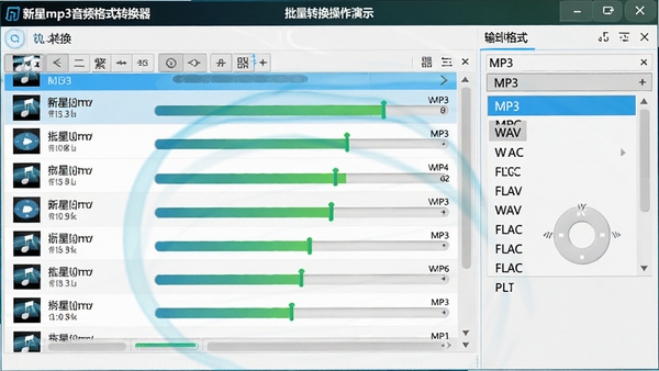 新星mp3音频格式转换器批量转换操作演示,界面中显示多个音频文件列表,转换进度条逐个推进,右侧输出格式面板展开,展示MP3、WAV、FLAC等选项,整体色调明亮,突出批量处理的高效感