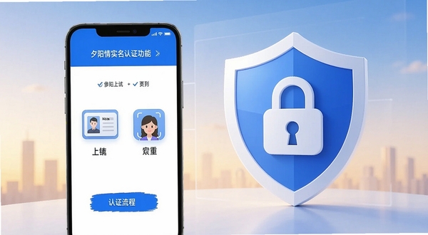 夕阳情实名认证功能预览图,手机屏幕展示认证流程界面,包含身份证上传、人脸识别步骤图标,背景为盾牌与安全锁的抽象图形,整体风格简洁明了,色彩以蓝白为主,突出安全可靠的氛围