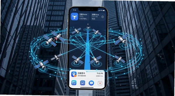 卫星百斗智能导航APP在城市高楼峡谷中显示密集卫星信号连接动画,手机界面呈现多颗卫星图标与实时坐标数据,背景为玻璃幕墙高楼,画面科技感强,蓝色数据流线条环绕,突出精准定位功能。