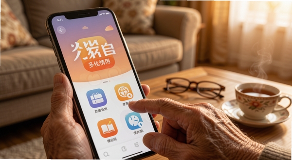 夕阳情app的手机界面特写,屏幕显示超大字体和清晰图标,界面简洁,旁边有一双布满岁月痕迹的手正轻轻点击屏幕,背景是温馨的客厅环境,有老花镜和茶杯,画面突出易用性与适老化设计,柔和光线,浅景深效果。