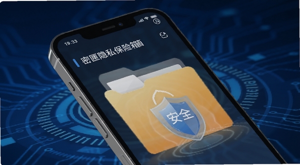 密匣隐私保险箱主界面,展示加密文件夹与安全盾牌图标,背景为深蓝色科技感氛围,前景是手机屏幕特写,画面清晰明亮,风格现代简洁,符合软件工具类产品展示图。