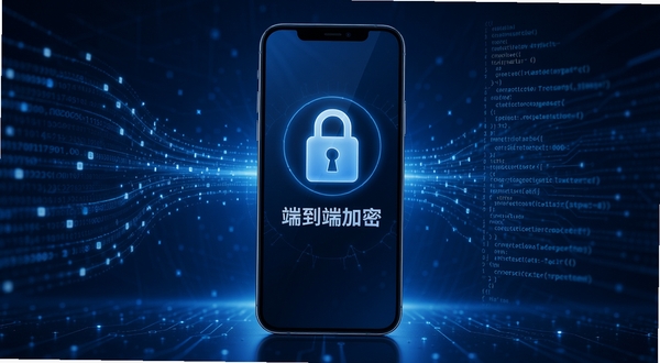 领微隐私加密功能示意图，画面中央为一部智能手机，屏幕上有锁形图标与“端到端加密”字样，背景为数据流与代码元素，科技感强烈，蓝色调为主，突出安全防护主题