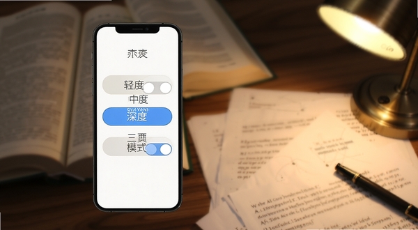 AI论文降重软件功能展示图,手机界面显示轻度中度深度三种模式选择按钮,背景为模糊的学术书籍与论文稿纸,暖色调灯光,强调功能切换的便捷性,构图清晰