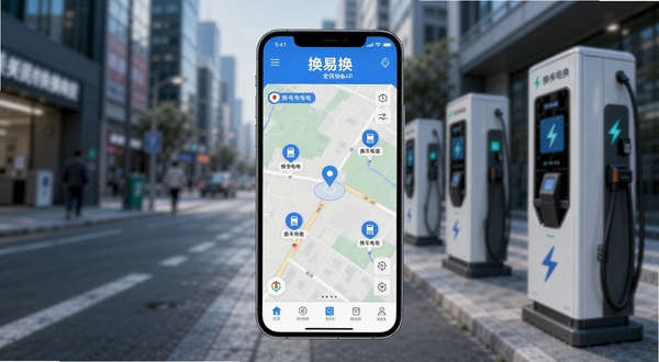 一张手机应用界面截图风格图片，画面主体为换易换全民换电APP的首页地图导航界面，背景为模糊的城市街道与智能换电柜，整体色调明亮科技感，突出换电便捷与高效，图片中应包含手机屏幕中的地图定位与附近换电柜图标。