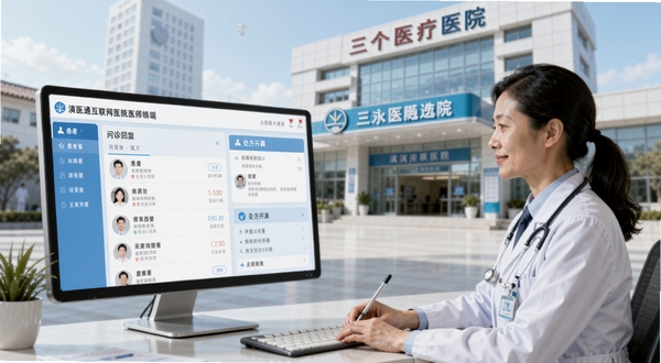 滇医通互联网医院医师端主界面示意图,画面以医生工作台为前景,展示患者列表、问诊回复、处方开具等核心模块,背景为云南省某三甲医院门诊大楼的现代化场景,整体色调以浅蓝与白色为主,界面清晰,人物动作自然,采用写实风格渲染,高清细节,符合医疗软件的专业氛围。