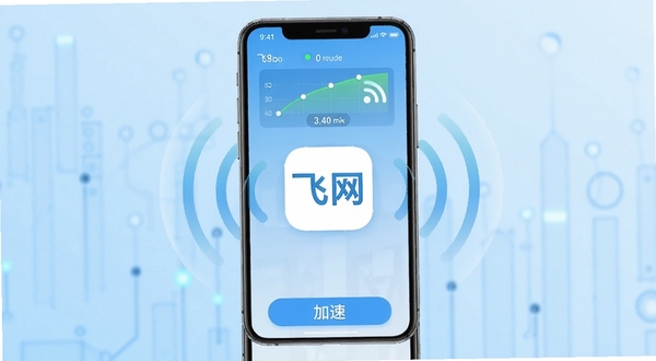 飞网软件主界面展示,手机屏幕中显示网络信号增强的图表与加速按钮,背景为简洁的浅蓝色科技感渐变,画面中央有“飞网”字样图标,周围环绕无线信号波纹,整体风格干净明亮,突显极速与稳定,适配竖屏手机海报样式