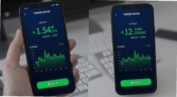 飞网网络诊断功能界面,手机屏幕上显示当前网络延迟数值与信号强度波形图,下方有“重新检测”按钮,背景采用深蓝色科技风格,数字与图表用亮绿色高亮,整体给人专业可靠的感觉,竖屏显示