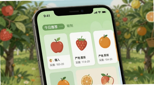 手机屏幕特写,屏幕中显示果物时序应用界面,界面以清爽的浅绿色为主,顶部有“今日推荐”标签,下方整齐排列着苹果、草莓、橙子等水果卡片,每张卡片上标注产地与采摘日期,背景是虚化的果园。图片风格为现代扁平插画,细节清晰,突出智能推荐功能。
