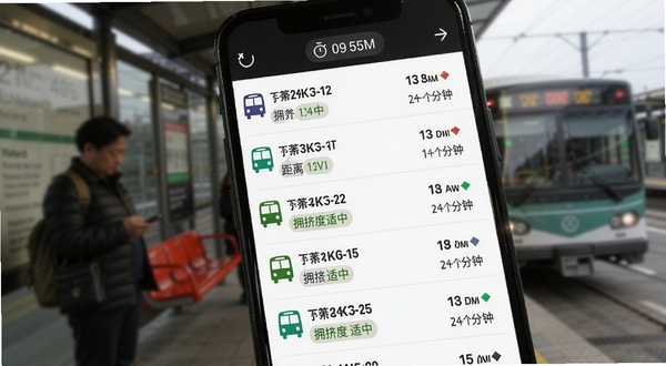 交通地铁查询实时到站信息界面,手机屏幕上显示公交线路列表,每趟车次后面有动态更新的距离站数和预计到达分钟数,其中一趟车标注拥挤度适中,界面顶部有刷新倒计时图标,背景为模糊的公交站台实景,突出实时数据的实用性