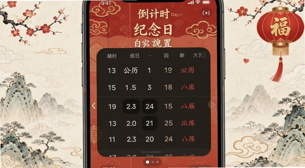 倒计时Day纪念日农历设置界面，手机屏幕显示日期选择器，同时展示公历与农历对照，背景为淡雅的中国风元素，突出传统节日提醒功能，画面清晰展示日期联动效果