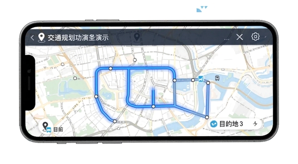 交通地铁查询软件路线规划功能演示，手机界面显示从当前定位到目的地的最佳地铁换乘方案，地图背景以简约线条勾勒城市道路，突出蓝色高亮推荐路线，画面清晰直观
