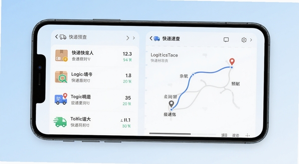 快递寄收速查软件主界面预览图，手机屏幕显示快递列表与物流轨迹，背景为浅蓝色渐变，图标风格简洁现代，整体画面明亮清晰