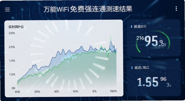 万能WiFi免费强连通测速结果页截图，显示实时网速曲线图与延迟数据，背景为简约深蓝科技风格，数字动画效果动态展示，画面干净清晰，突出专业测速功能