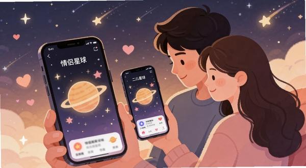 在温馨浪漫的星空背景下,一对年轻情侣依偎着看向手机屏幕中发光的星球图案,手机界面显示“情侣星球”APP的二人空间主界面,周围点缀爱心光点与流星,画面柔和,采用暖色调,突出亲密与幸福氛围,整体风格为扁平化插画,适合软件介绍首页展示