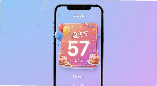 倒计时纪念Days主界面展示,手机屏幕中央显示距离国庆节倒计时57天的彩色卡片,卡片上带有气球与蛋糕装饰元素,背景为柔和的渐变蓝紫色,整体风格简洁明亮,数字区域高亮显示