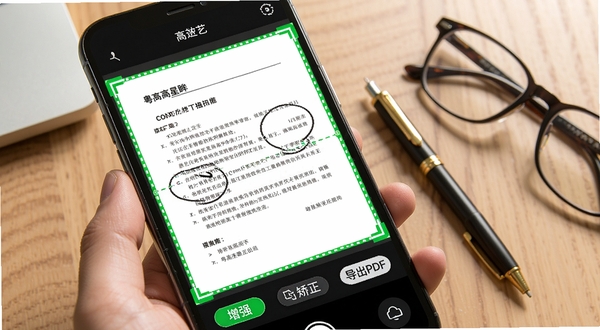 粤高星眸软件文档扫描功能演示图,手机屏幕内显示一份被绿色边界框选中的合同文件,边缘有“增强”、“矫正”、“导出PDF”等按钮,背景是木质办公桌,旁边有笔和眼镜,画面清晰,光线充足,体现高效办公场景