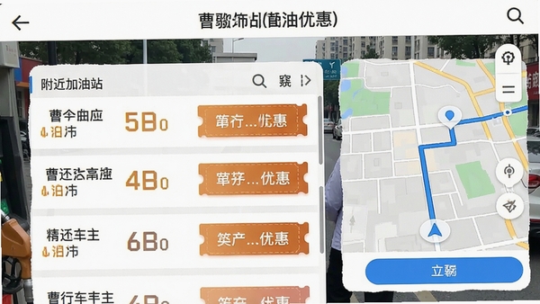曹行车主加油优惠界面展示附近加油站列表，包含油价标签与优惠券图标，背景为街道实景，地图导航线路清晰，整体风格实用且信息层次分明。