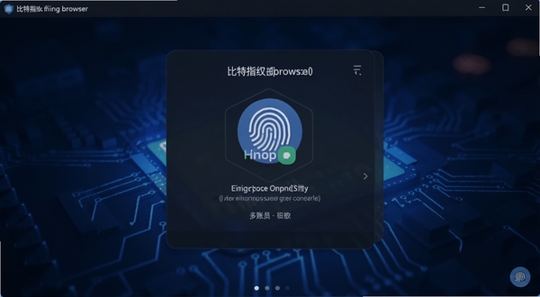 比特指纹浏览器主界面截图,画面中央为智能的指纹生成选项面板,背景是深蓝色科技感光效,整体呈现代简约手机应用风格,突出多账号隔离安全核心功能,高清UI设计图