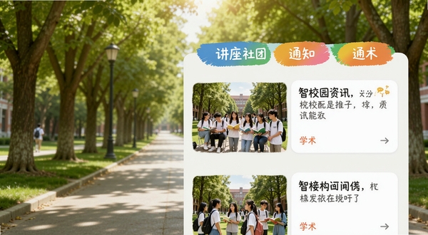 智校园资讯推送页面预览,手机屏幕展示一条条新闻卡片,配以校园活动实拍照片,顶部分类标签含讲座、社团、通知、学术,整体布局清晰,色彩活泼,背景为校园绿荫大道,阳光洒落,充满青春气息