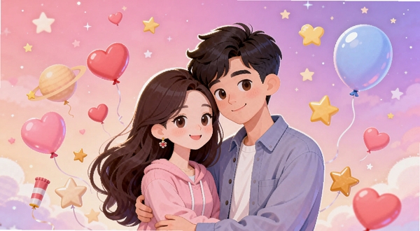 情侣星球主界面，画面中央是一对年轻情侣依偎在一起，周围环绕着爱心、星星、气球等浪漫元素，背景是粉紫色渐变星空，色调温馨甜蜜，整体风格卡通可爱，适合作为情侣社交App的官方宣传图