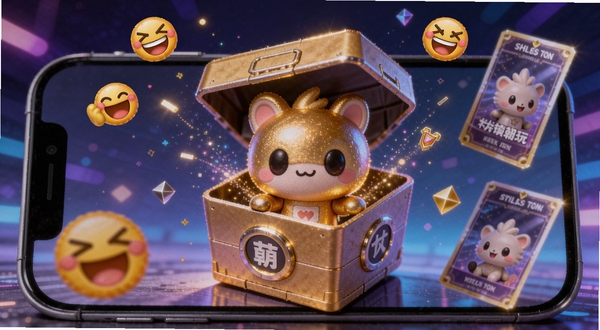 萌物潮玩线上抽取盲盒动画场景，手机屏幕内显示一个金光闪闪的萌物潮玩盲盒正在开启，四周散发粒子特效，周围环绕着欢呼的表情符号和稀有卡片，背景为充满科技感的紫色光效