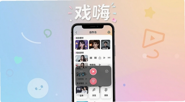 戏嗨APP界面预览图,画面中央展示手机屏幕,屏幕内呈现创作功能面板,有配音素材列表、录制按钮和特效选项,背景为浅色渐变,风格清新活泼,突出软件名称“戏嗨”二字,整体构图清晰,UI界面友好,适合应用商店展示
