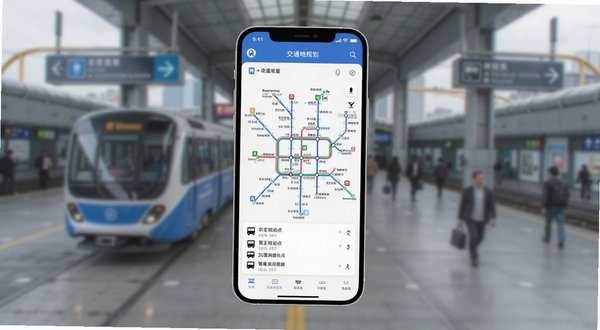 交通地铁查询软件主界面预览图,展示清晰的地铁线路图与公交站点列表,背景为虚化的城市交通枢纽,采用扁平化设计风格,主色调为蓝色与白色,画面中心是手机屏幕展示路线规划结果,整体风格简洁明了,适配Boogu模型生成