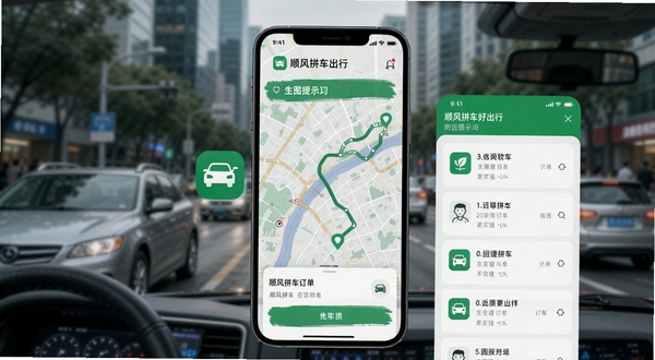 生图提示词:顺风拼车好出行软件界面预览图,手机屏幕展示地图路线规划与附近拼车订单列表,背景为模糊的城市通勤场景,画面主体居中,高清渲染,突出软件品牌LOGO与绿色出行主题色
