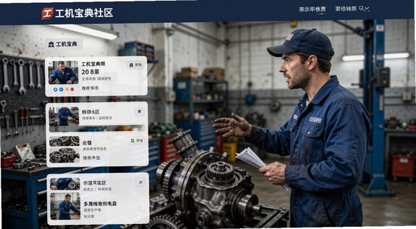 工机宝典社区页面展示维修案例列表,背景是修理工正在讨论机械故障,氛围真实接地气,突出交流互助场景