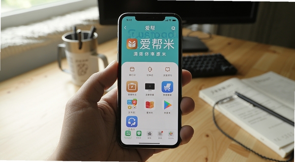 爱帮米在手机上运行的实拍图,手机屏幕清晰显示应用主界面,背景为书桌,光线自然,展示真实的安装使用场景