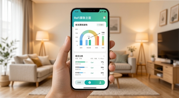 ReFi算账主界面展示,手机屏幕显示清晰的收支分类图表,背景为简约现代家居环境,暖色调灯光,画面中心突出App操作界面,图表数据可视化,整体风格明亮清新