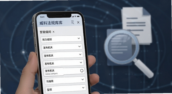 威科法规库智能检索功能展示图,画面中手机屏幕显示多条件筛选界面,包含效力级别、发布机关等选项,背景有放大镜和文档图标点缀,整体风格现代简洁,体现高效检索主题,适配Boogu模型生成