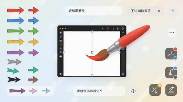 轻松画箭头的核心功能概览界面,在纯净的浅色背景上,中央展示一支带有鲜艳红色箭头的画笔正在屏幕截图上方绘制,四周环绕着不同颜色和样式的箭头素材、文字输入框、线条工具图标,整体风格简洁现代,突出图像标注的便捷性,画面主体坐标位于中心区域,背景为柔和的渐变色。