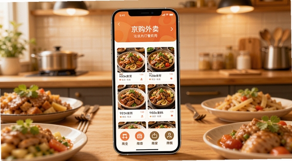 京购外卖订餐软件开屏界面预览图，手机屏幕展示丰富美食列表和商家分类图标，背景为暖色调的厨房餐桌场景，整体风格明亮清晰，突出外卖点餐的便捷与美食诱惑，画面中心聚焦手机界面，周围有虚化的食物元素作为点缀