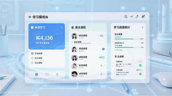 高中英语学习软件主界面预览图,展示单词学习模块、语法课程列表与学习进度统计面板,背景为淡蓝色科技感桌面,整体明亮简洁,文字清晰可辨