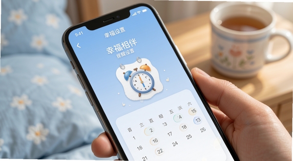 幸福相伴 提醒设置页面 日历元素 闹钟图标 柔和蓝色调 手机界面 简洁布局 温馨感