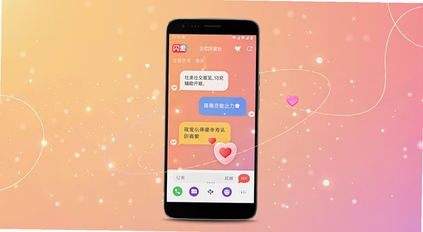 软件全貌概览图,画面中央放置一部安卓手机,屏幕显示闪爱应用主界面,界面包含对话气泡与爱心图标,背景为柔和的暖色调渐变,周围点缀微光粒子与简约线条,整体风格清新现代,突出社交辅助氛围