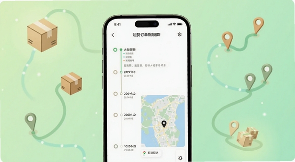 大灰熊租赁订单物流追踪页面,画面主体为手机屏幕显示物流时间轴与配送地图,背景区域为浅绿色柔和渐变,周围点缀包裹与路线图标,整体风格清新明快