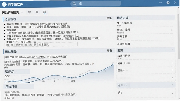 展示药学通软件中药品详细信息的界面，包含适应症、用法用量等文字条目，界面整洁，数据排列有序