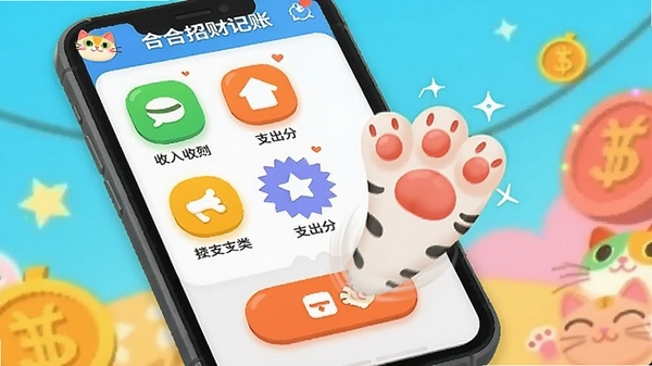合合招财猫记账交互界面,手机屏幕显示收入与支出分类图标,点击按钮时有一只卡通猫爪伸出的动态效果,界面色彩鲜艳活泼