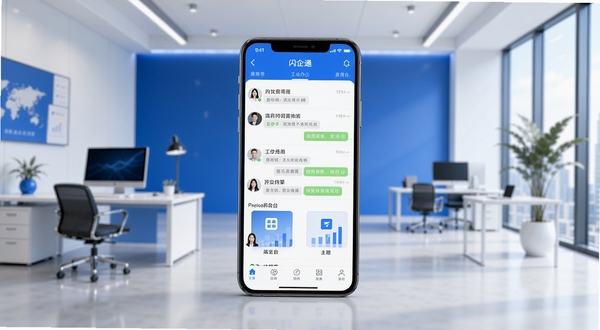 闪企通企业办公应用整体界面展示,画面中央放置手机屏幕,屏幕内呈现聊天列表与工作台入口,背景为简洁的现代办公室环境,色调以蓝白为主,突出商务与高效氛围