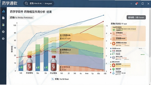 药学通软件药物相互作用分析结果页面，以图表形式展示药物间关联，并用不同颜色标注风险等级